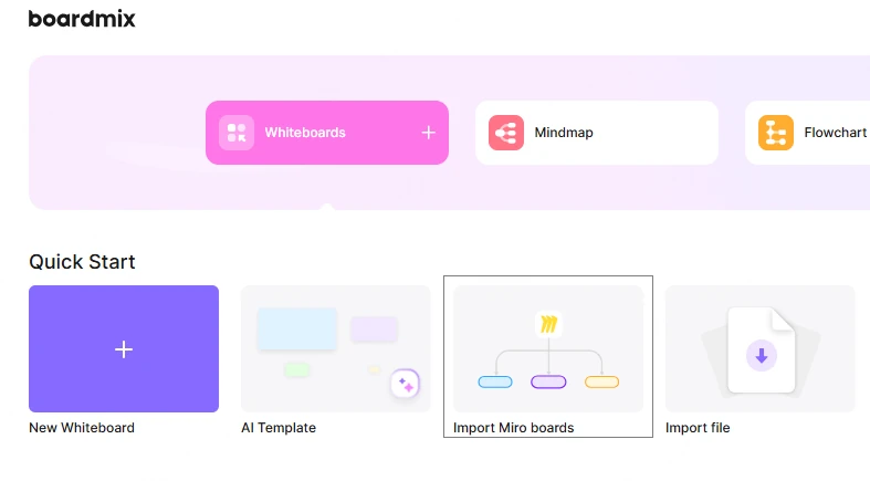 Espacio de trabajo de Boardmix mostrando Importar tableros de Miro en Inicio rápido