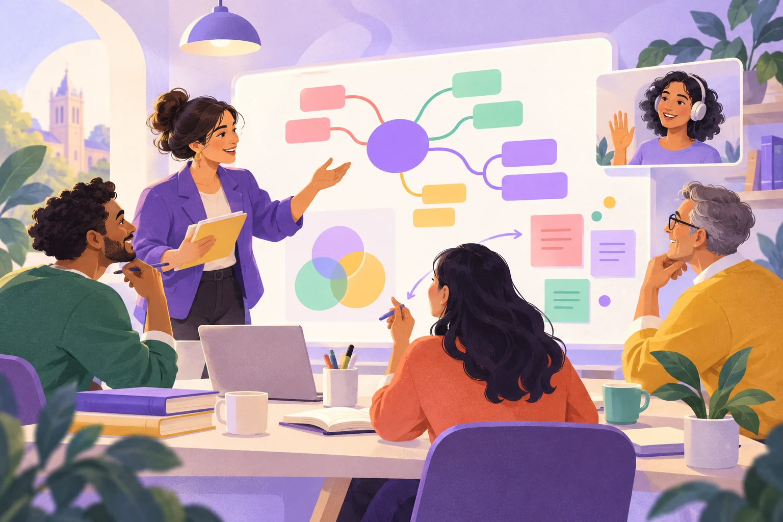 Illustration of learners connecting ideas around a shared visual workspace