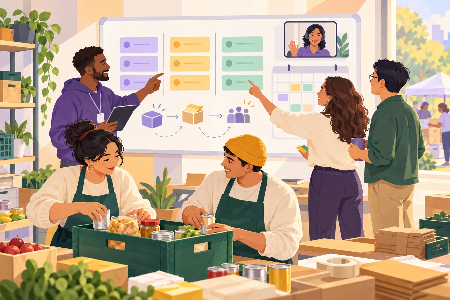 Illustration of a nonprofit team planning community activities on a shared visual workspace