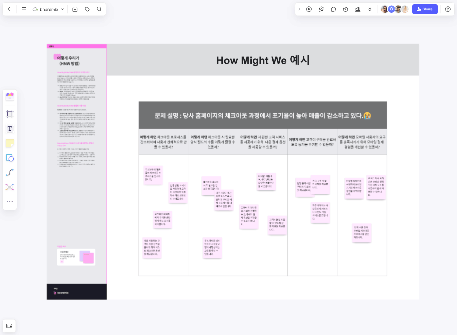 체크아웃 문제를 How Might We 질문으로 바꾸고 아이디어를 모으는 한국어 Boardmix 템플릿