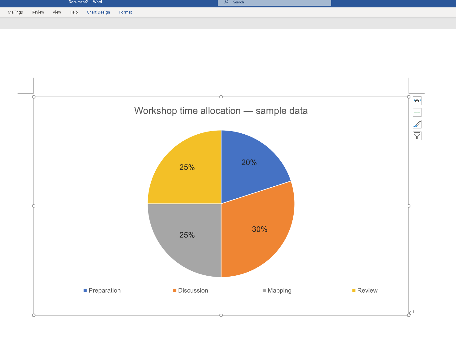 Word document containing a sample workshop pie chart with four labeled categories.